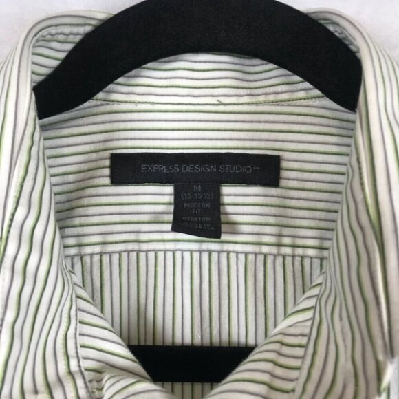 Express Design Studio Shirt Mens Medium Green Striped Modern Fit Stretch Preppy - Picture 6 of 13
